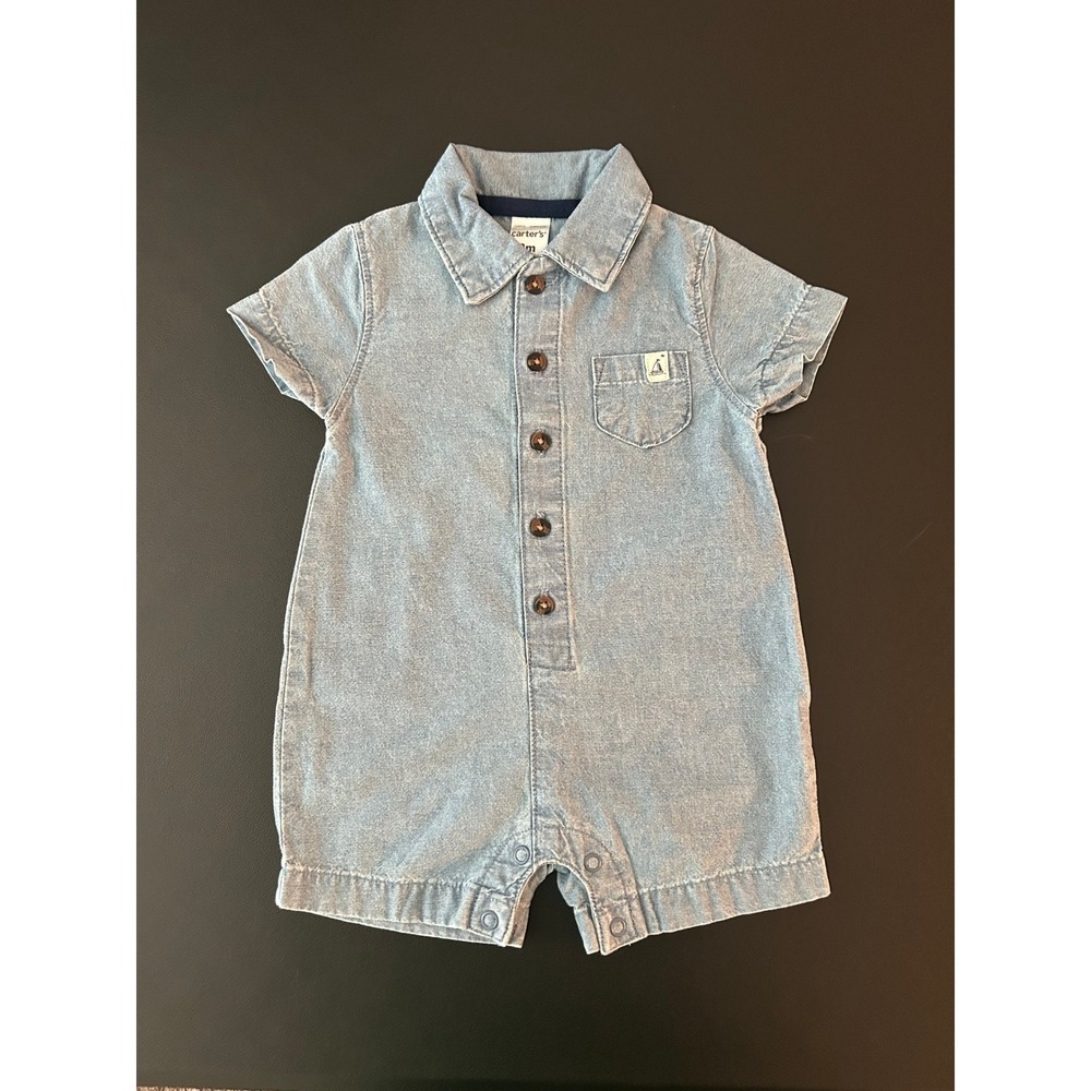 Carters Baby Boys Blue Chambray Romper 3M Nautical Sailboat One Piece (1293)